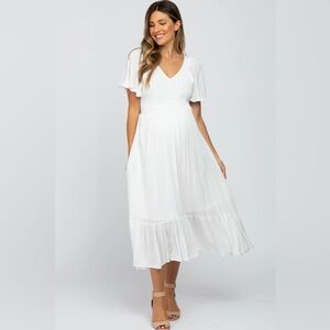 PINKBLUSH Ivory smocked v-neck maternity midi dress, size medium!
